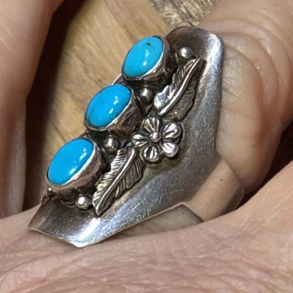 Carol Felley 1988 Sterling Silver 925 Triple Turquoise Feather Ring Sz 9 - Picture 5 of 7